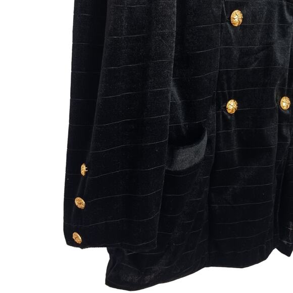 Velvet Jacket BLACK Blazer GOLD BUTTONS Deep V-neck Front Puff Shoulders Pockets - Picture 4 of 16